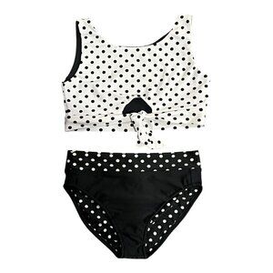 Les Tout Petits Girls Polka Dot Bikini Size 12 Black White Knot Front